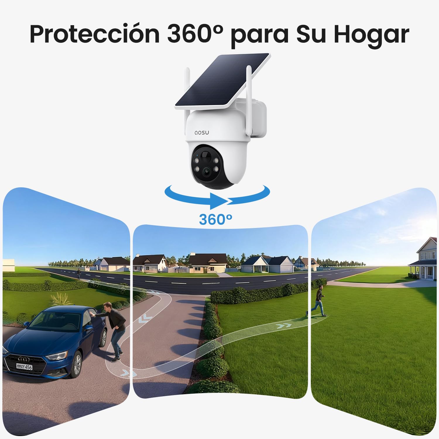 aosu 2K Camara de Vigilancia Solar Exterior, 2 Cámaras y aosuBase Kit, Sin Suscripción, 360° PTZ Seguimiento Automático, 32 GB Local, Audio Bidireccional Alarma Visión Nocturna Color, WiFi 5G y 2.4GHz