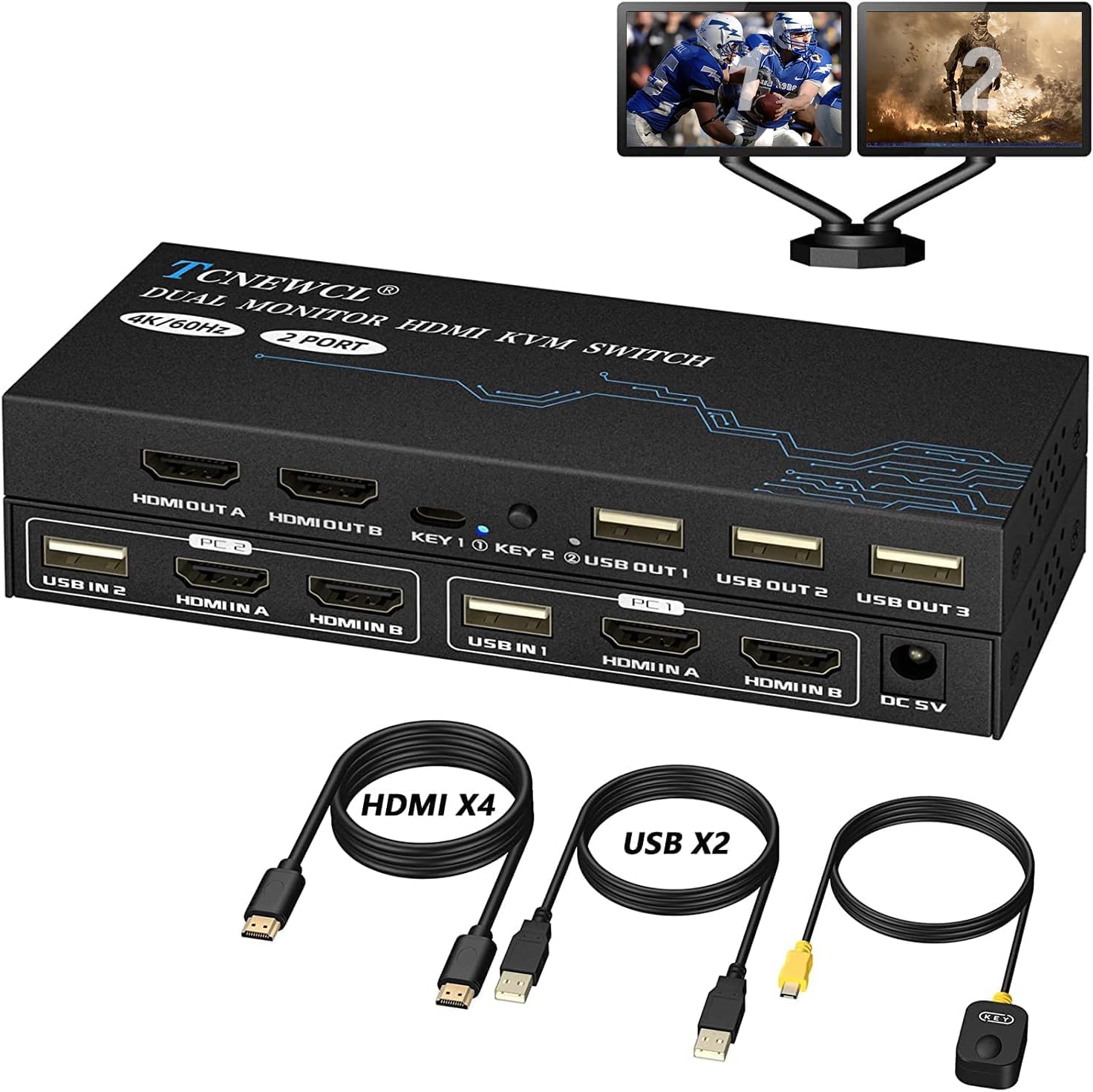 TCNEWCL Dual Monitor KVM Switch 4K@60Hz with 4 HDMI Cables and 2 USB Cables Included, 4K KVM for 2 Monitor 2 Computer PC-image-14