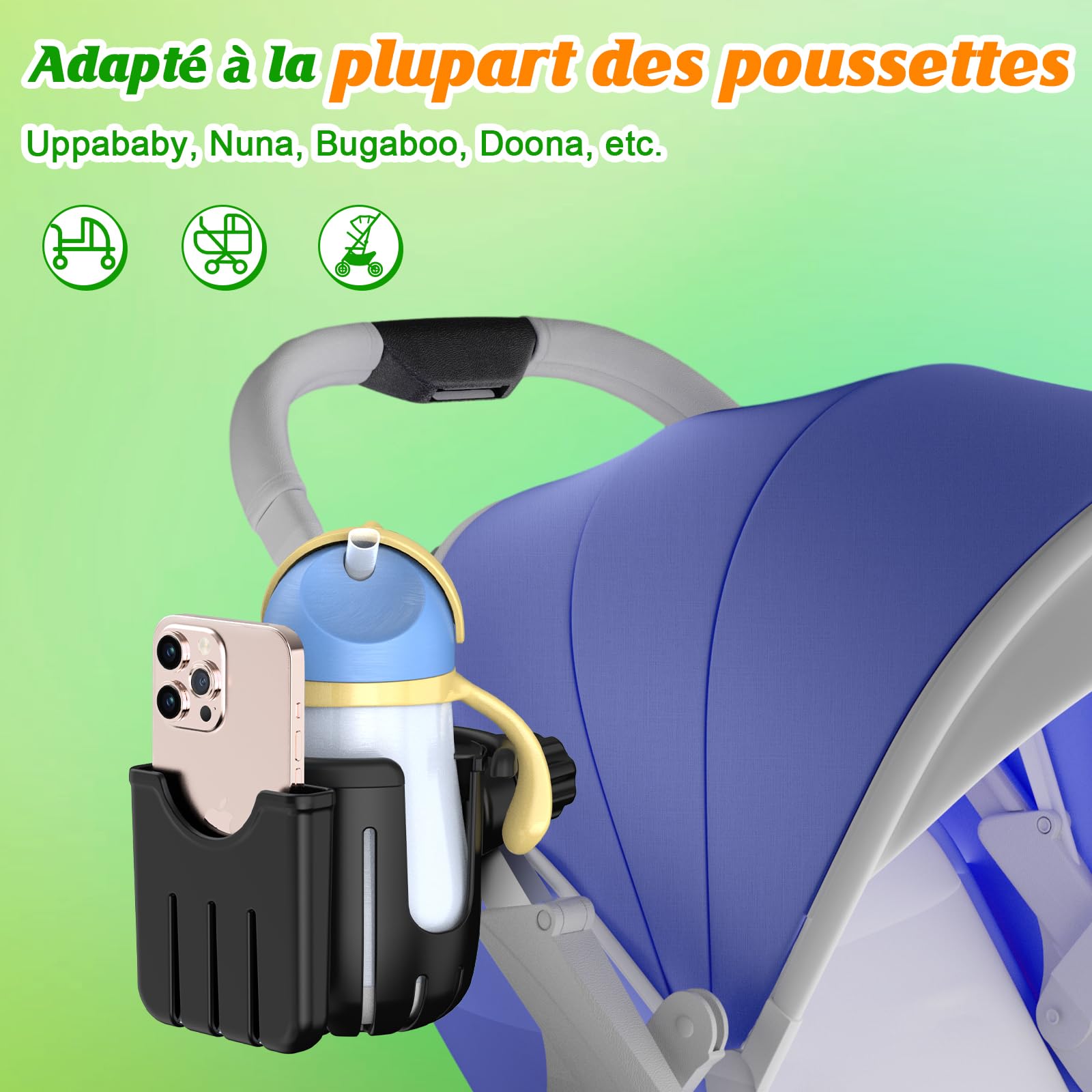 Porte-gobelet Universel Pour Poussette, Vélo, Fauteuil Roulant - Compatible Téléphone, Fixation Réglable 360°, Stable Même Sur Terrains Accidentés