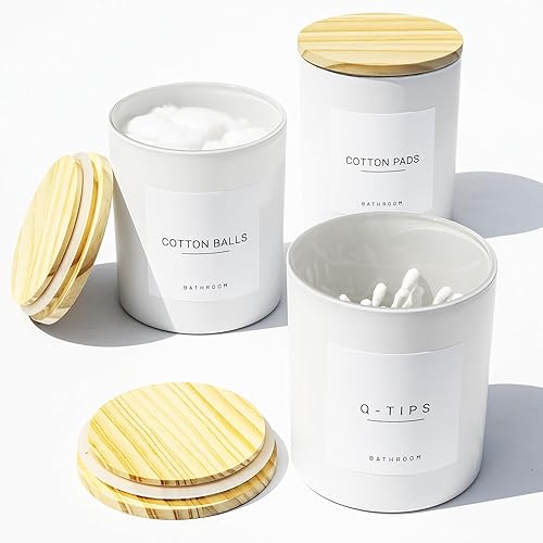 Miniatura 9 de Ezebesta Juego de 3 recipientes de baño modernos de 13.53 onzas con 12 etiquetas y tapa de madera, juego de tarros de vidrio grueso para bolas de