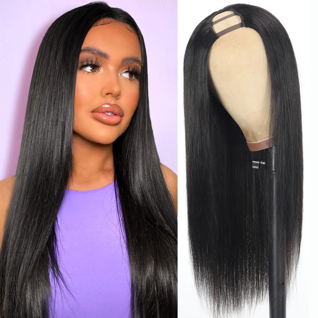 Amella U Part Human Hair Wig Straight Brazilian Virgin Human Hair Wig for Black Women U Part Wig Natural Black 14 Inch