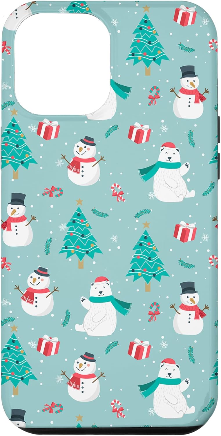 iPhone 14 Pro Max Polar Bear Snowman Tree Christmas Design Green Phone Cover Case