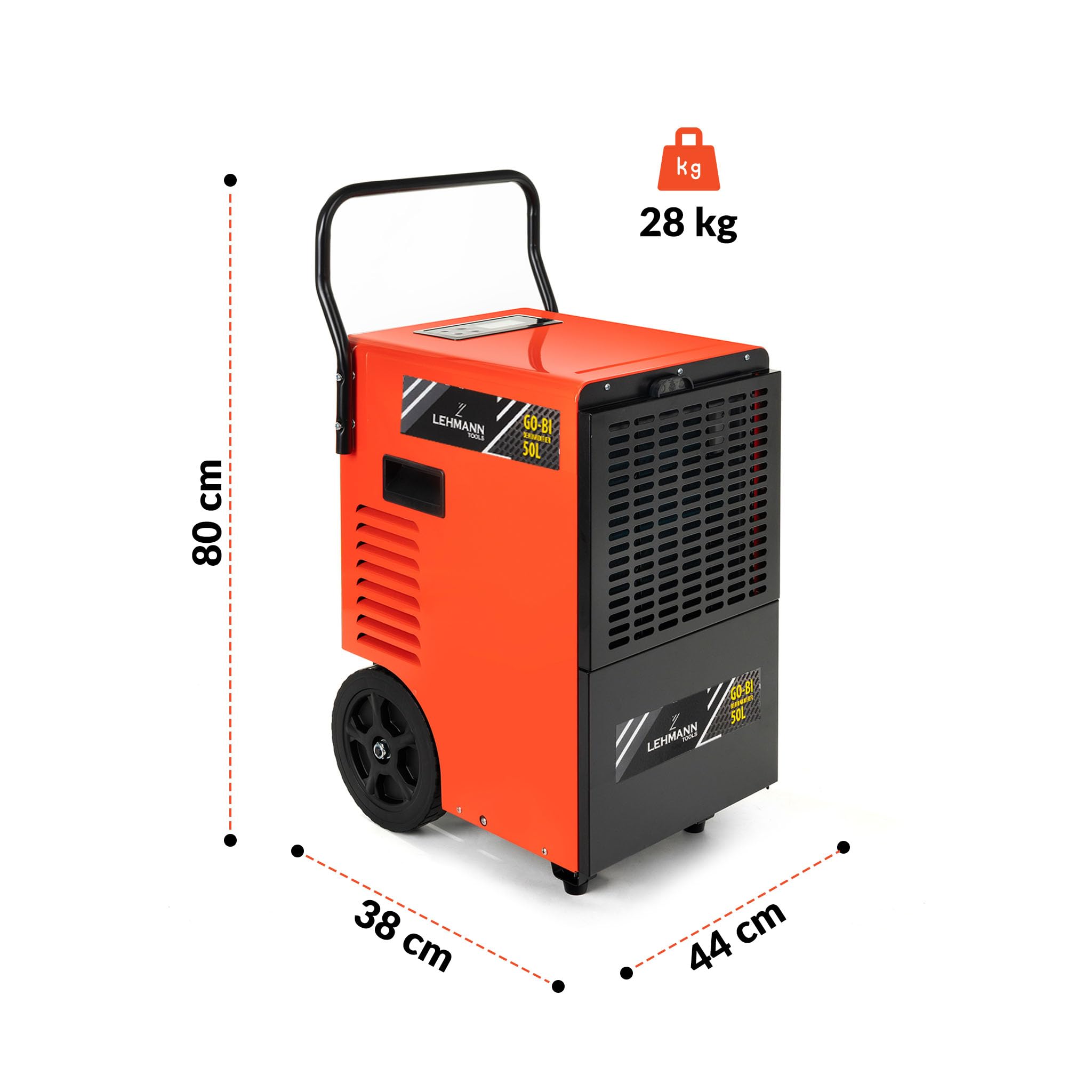 LEHMANN Profi Bautrockner Luftentfeuchter, Entfeuchtungsleistung 50 L/Tag, Fläche bis 120 m²/300 m³, Industrie Entfeuchter mit Timer, 7 L Großwasserbehälte, Geeignet für Keller & Große Räume