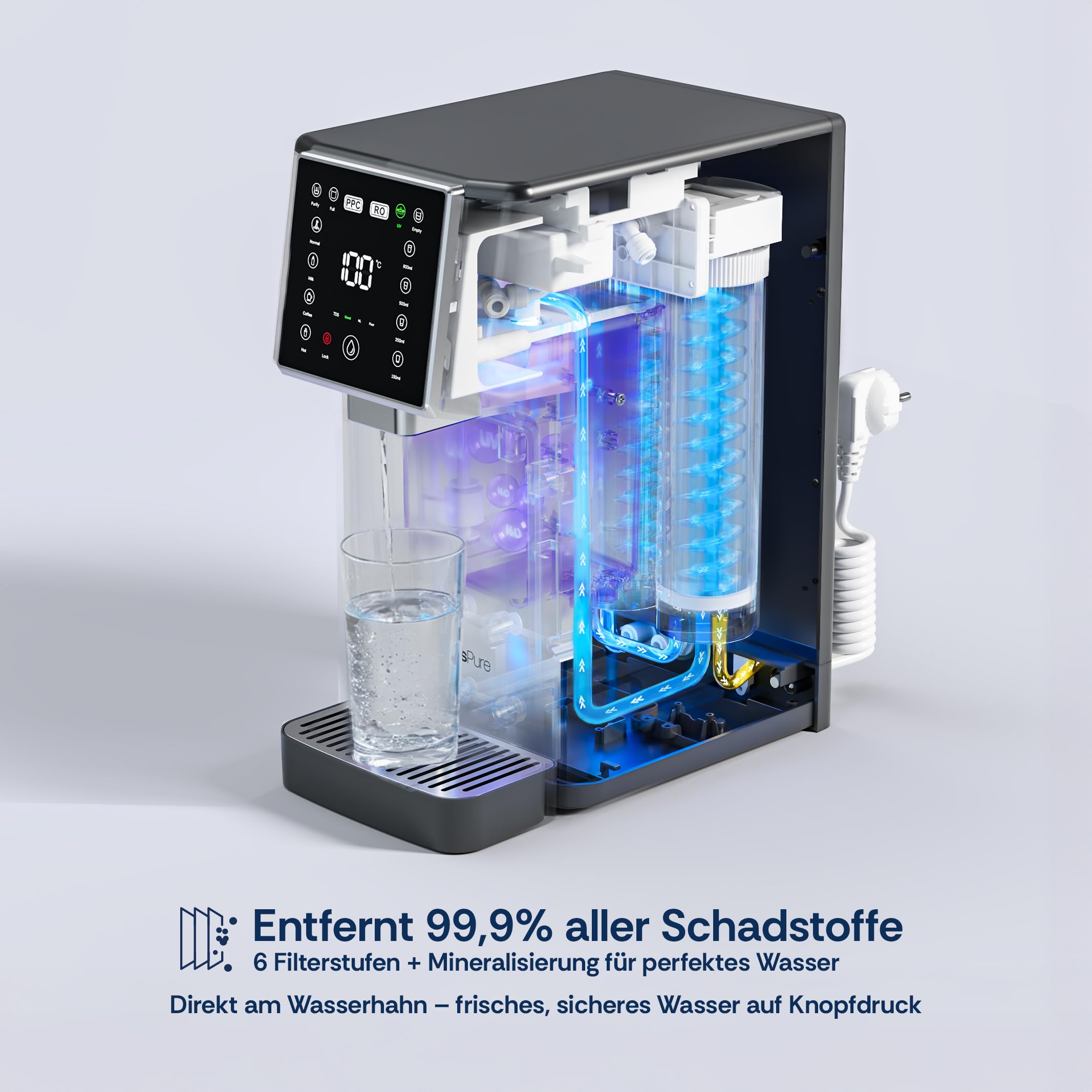 Slim Osmoseanlage Trinkwasser Auftisch Direct Flow Umkehrosmoseanlage Heißwasserspender 4 Temperaturstufen 3S-Heizung Kalkfilter UV