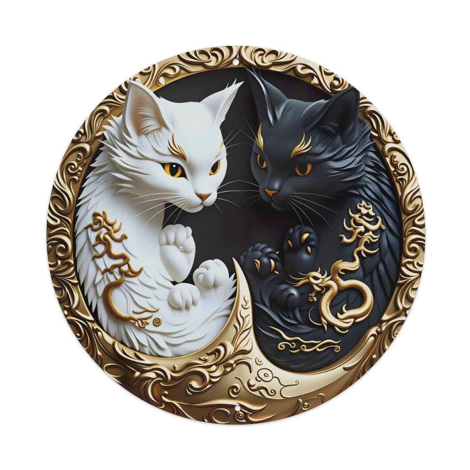 White Cat Black Cat Yin Yang Dragon Metal Tin Sign