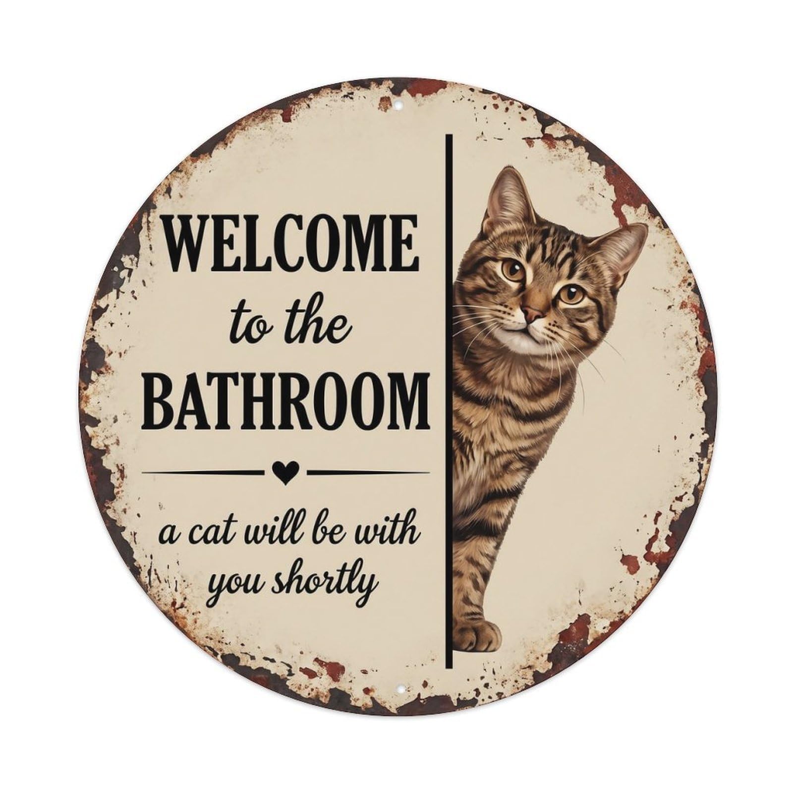Vintage WELCOME To The BATHROOM Brown Tabby Cat Metal Tin Sign