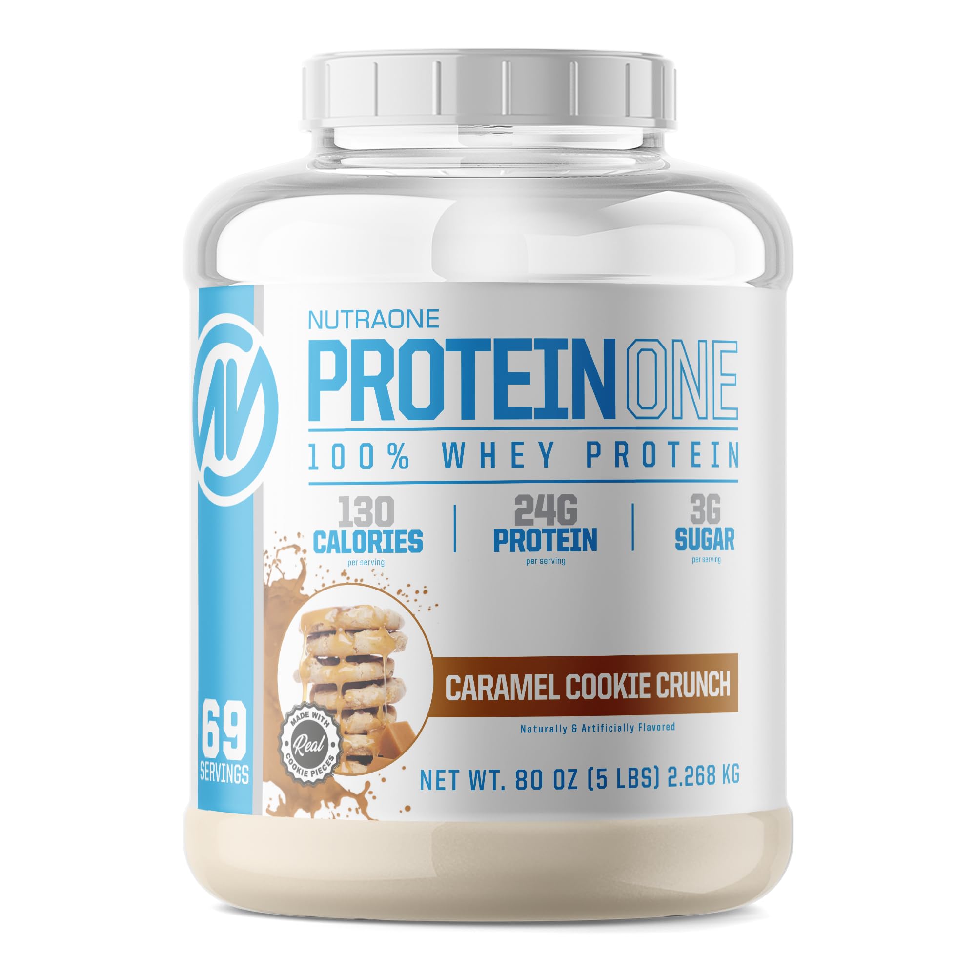 Proteína de suero NutraOne ProteinOne: Promueve la recuperación y el desarrollo muscular con un batido de proteína en polvo para hombres y mujeres (Caramel Cookie Crunch, 5 lb)