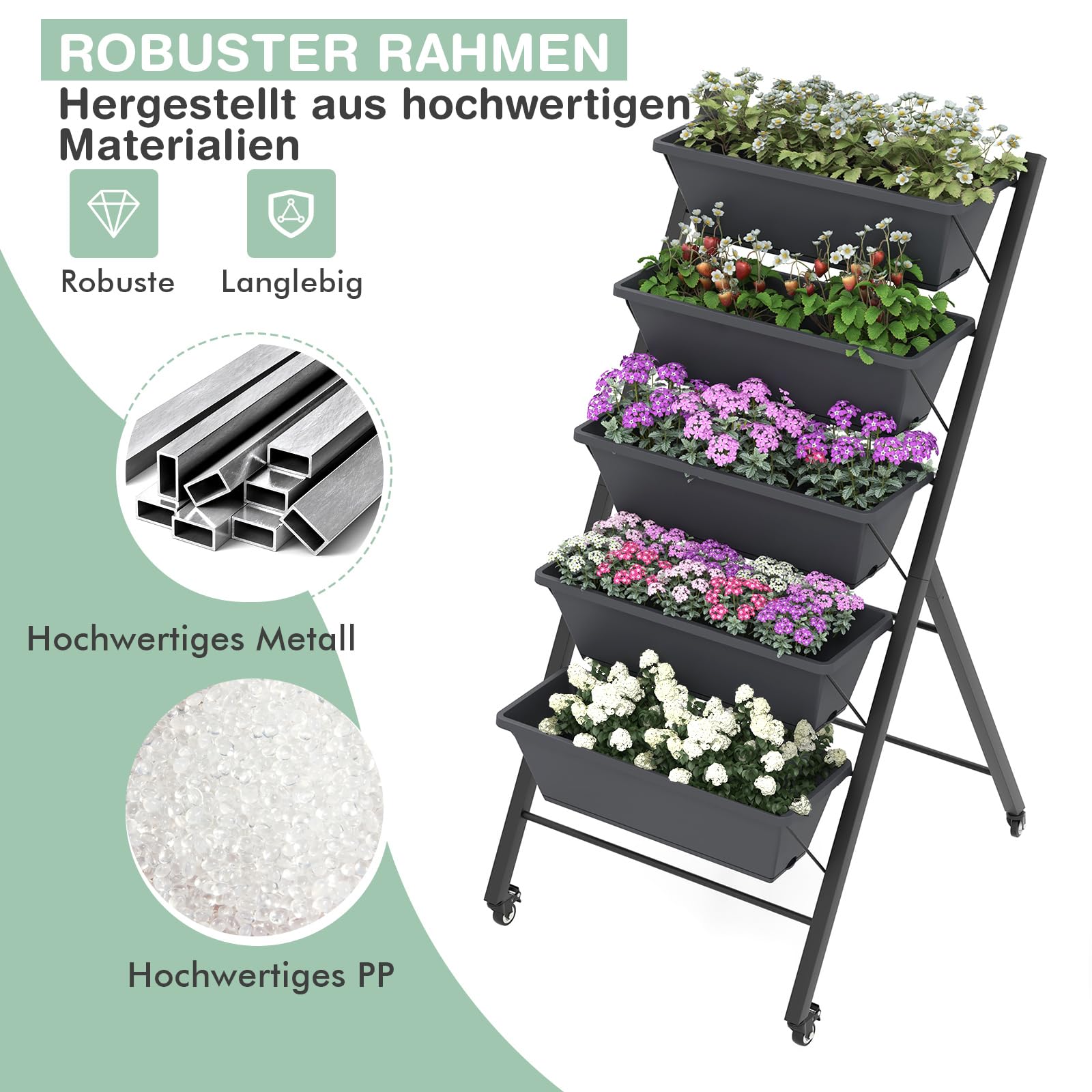 RELAX4LIFE Vertikalbeet mit 5 Blumenkästen, Vertikales Hochbeet mit 5 Etagen, Kräuterbeet mit Feststellbaren Rädern & Metallrahmen, Mobile Pflanztreppe für Balkon Garten (Schwarz, 68 x 57 x 117 cm)