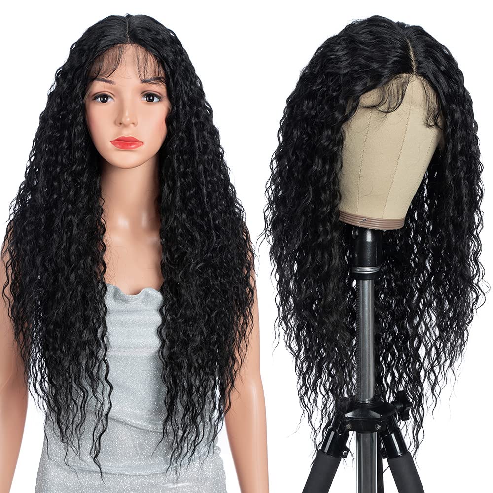 Style Icon Lace Front Wigs 30 Inches Super Long Curly Wigs Synthetic Wig 4 inches Middle Part Wig 150% Density (1B)