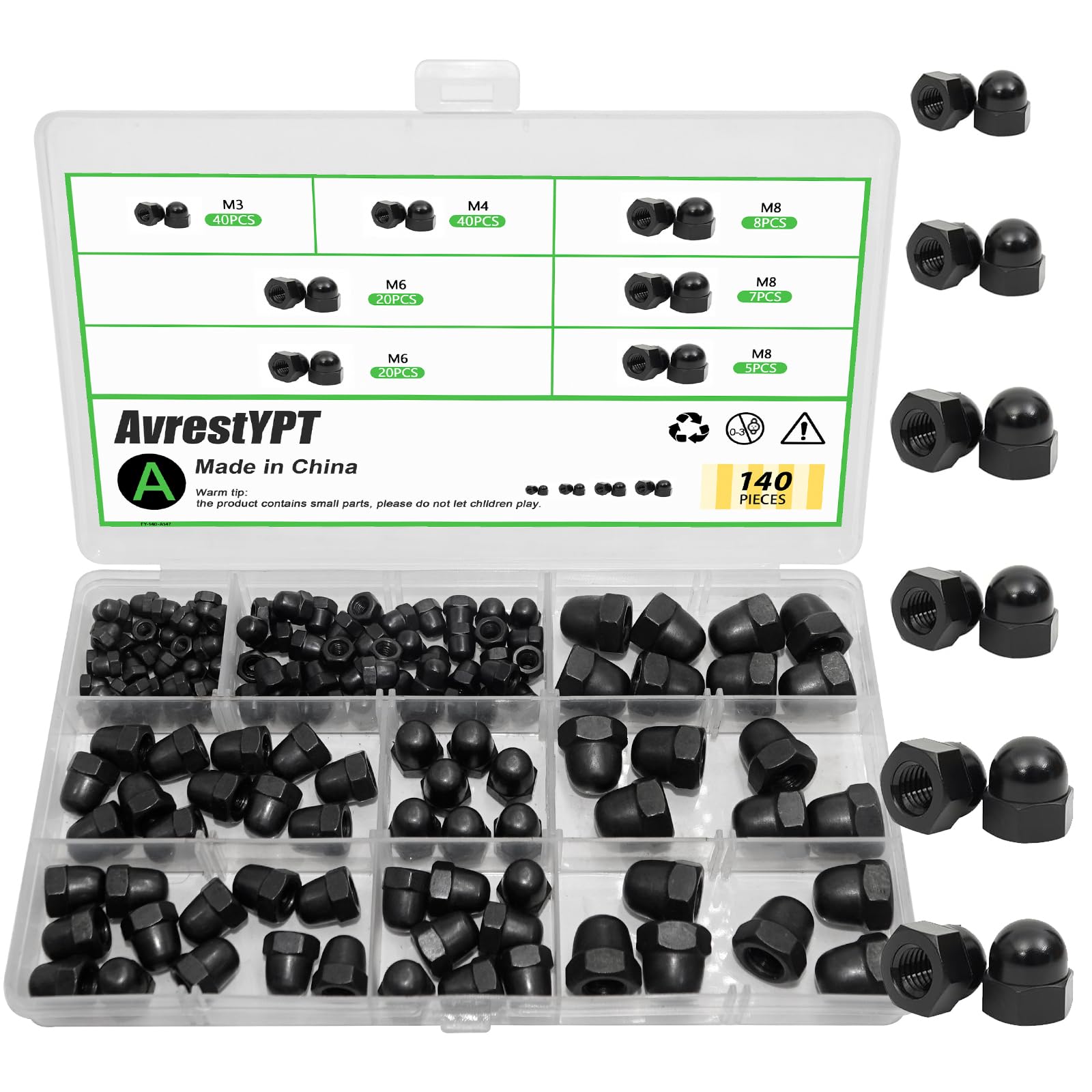 Photo 1 of 140Pcs Acorn Cap Nuts Kit, M3 M4 M6 M8 Hex Dome Nuts, Carbon Steel Decorative Bolt Covers for Furniture, Automotive & DIY Projects