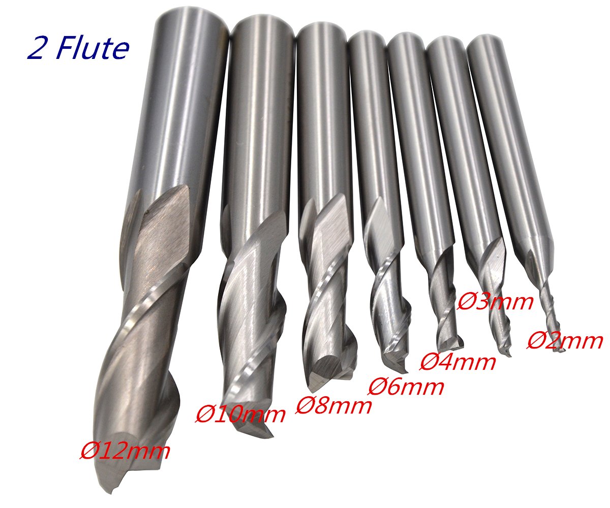 Wokesi Pack of 7Pcs,2 3 4 6 8 10 12mm Blade Diameter,High Speed Steel,Double Flute,Square Nose End Mill Cutter CNC Router Bits for Aluminum ABS Acrylic PVC(2+3+4+6+8+10+12mm 2Flute HSS)