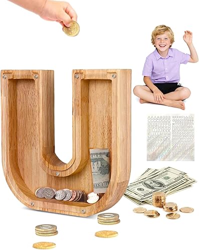 Miniatura 72 de Alcancía de madera con letras de madera, alcancía para niños y niñas, grande, 26 alfabetos, banco de dinero con nombre personalizado transparente