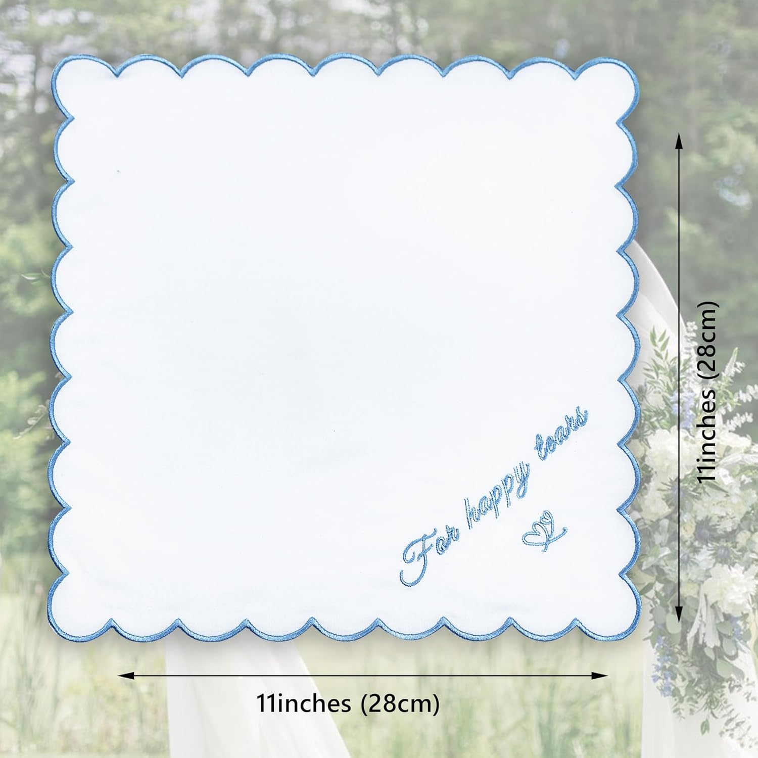 Embroidered Cotton White Handkerchief Hankie with Scalloped Edges Soft 11" x 11" Blue Wedding Gift for Bride - Image 6