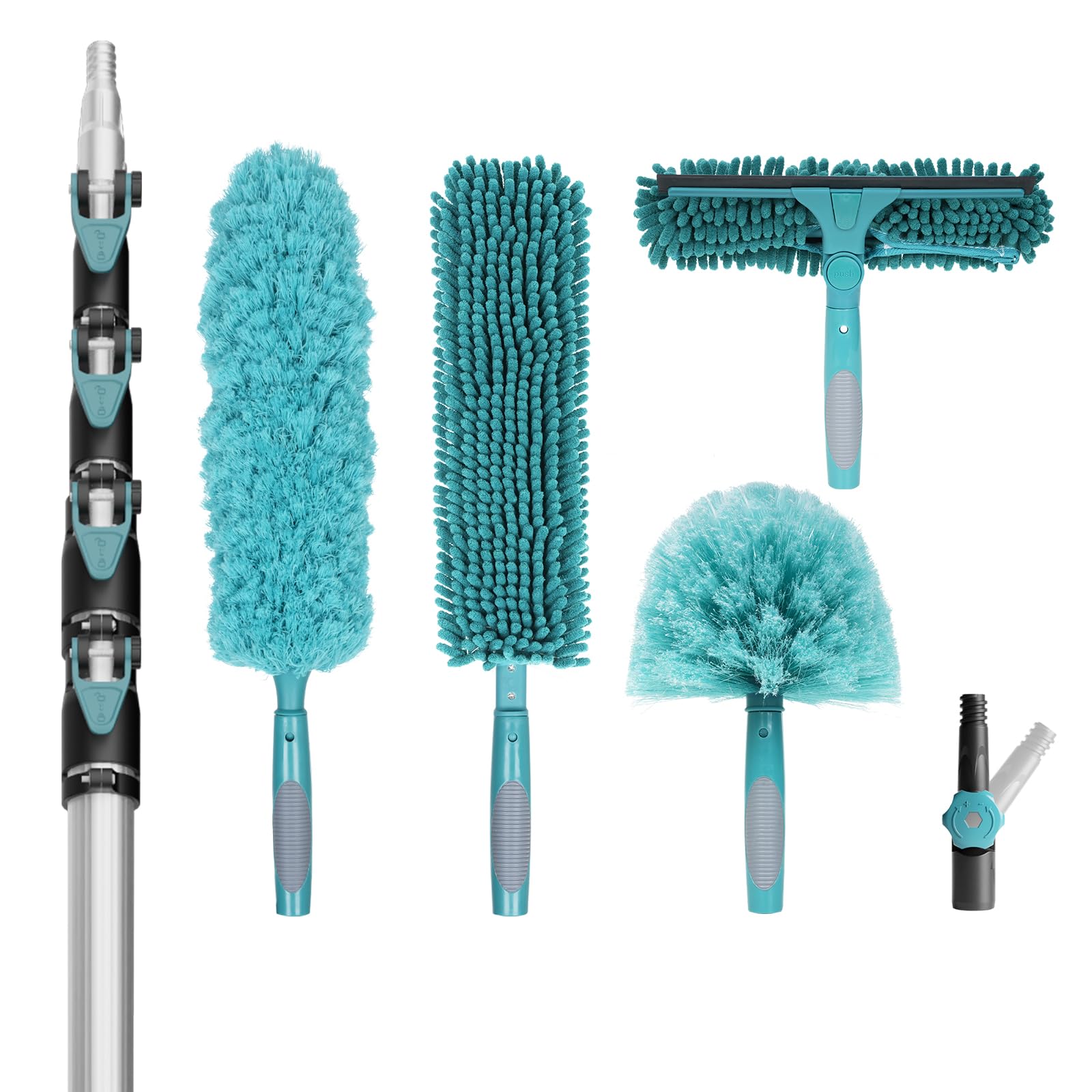 4-Piece High-Reach Duster Kit with 6-24FT Extendable Aluminum Pole - Window Washer & Squeegee, Cobweb Duster, Chenille Ceiling Fan Duster, Microfiber Feather Duster.