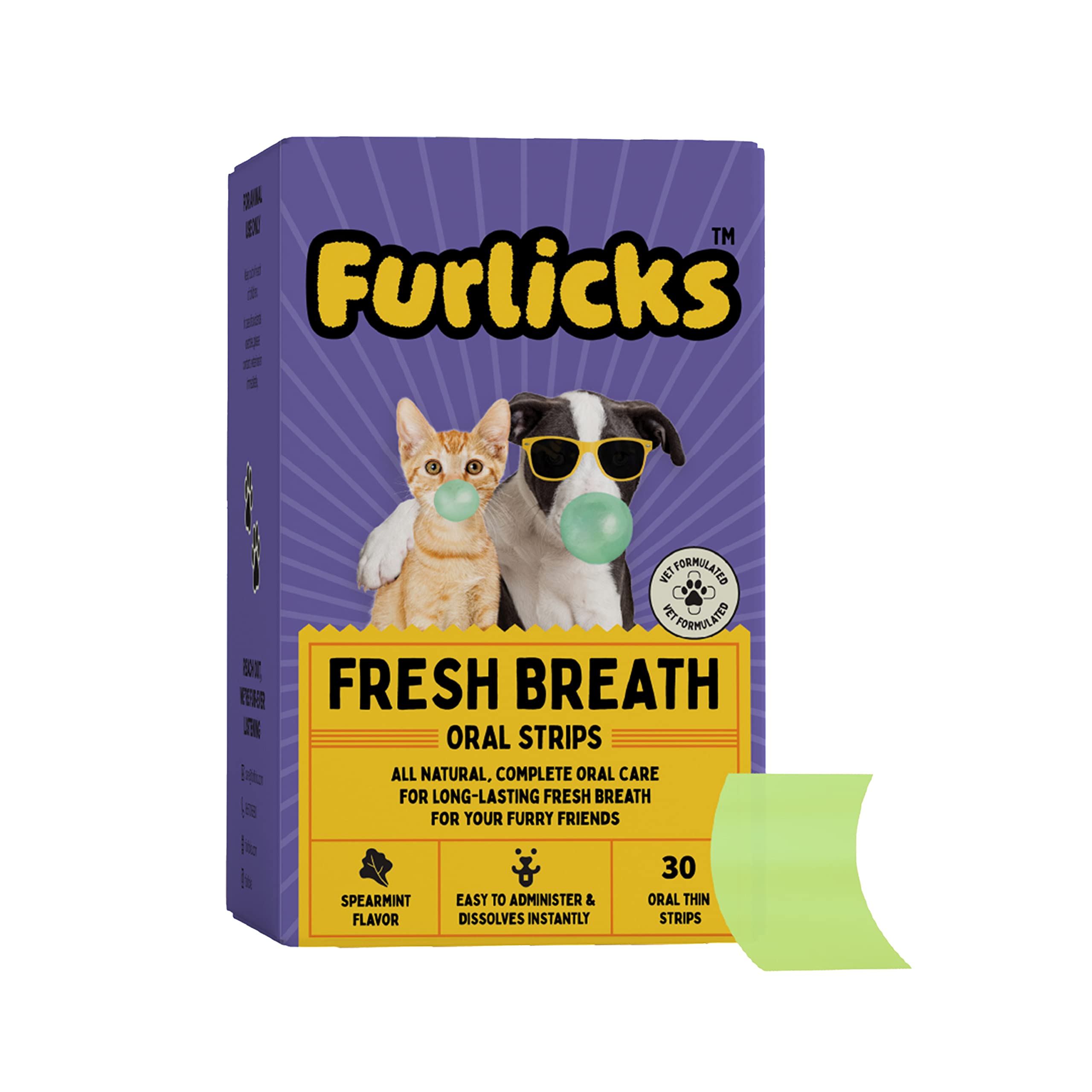 FurlicksFresh Breath Oral Strips for Dogs & Cats | Natural Spearmint & Thymol for Easy and Convenient, All-Natural Oral Care (30 Oral Strips)