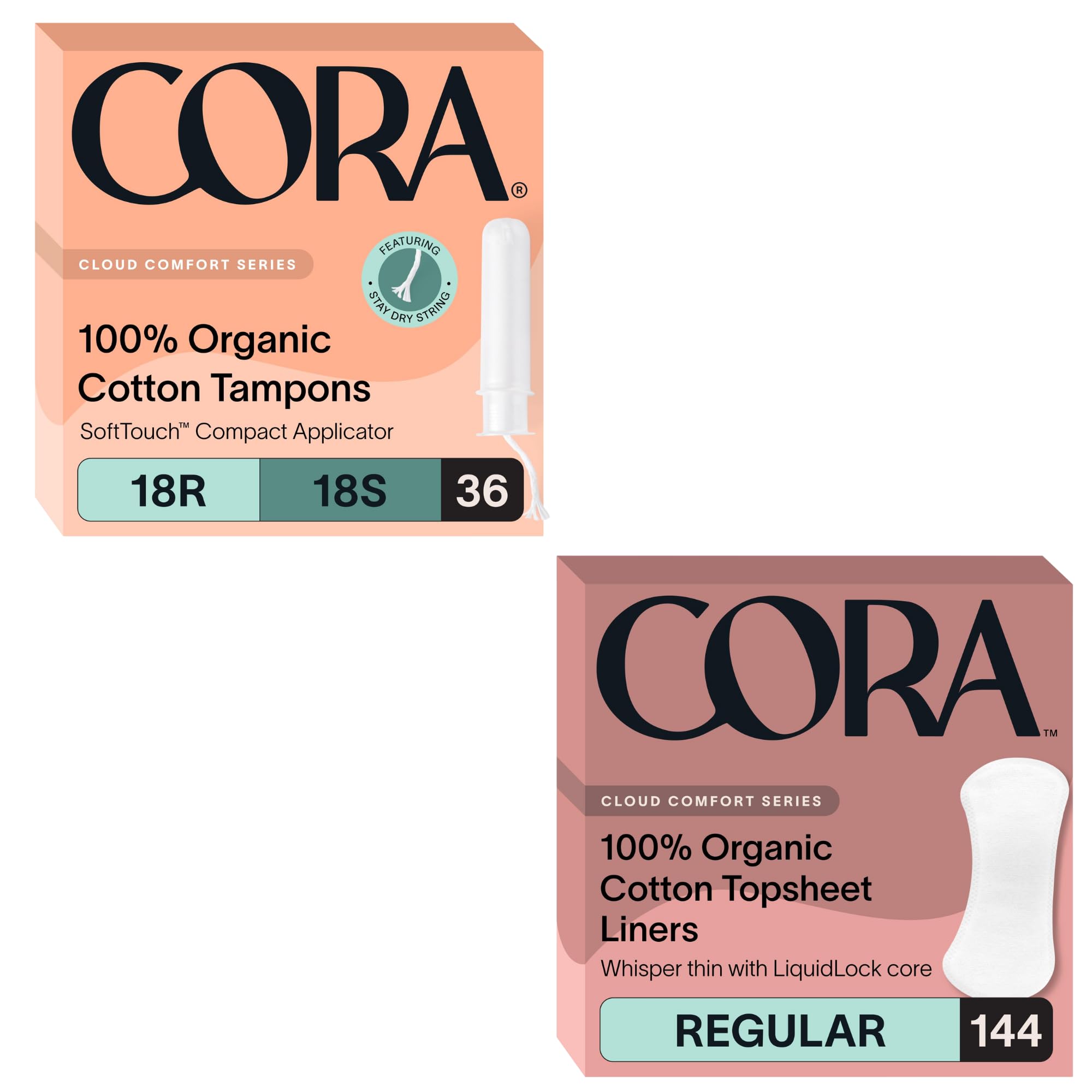 Cora Organic Feminine Care | Applicator Tampon Multipack and Regular No Wings Liners | Ultra-Absorbent, Unscented, Natural, Non-Toxic | 180 Total | Bundle Pack