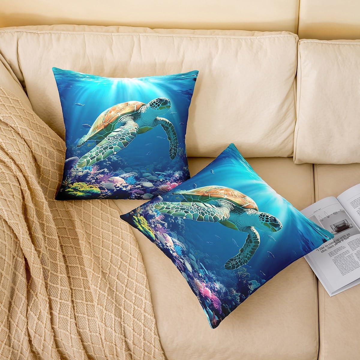 Feelyou Sea Turtle Throw Pillow Covers 24"x24" 1Pcs Ocean Reptile Tortoise Decorative Pillowcase for Sofa Couch Bed Chair Marine Animals Cushion Cover Summer Blue Coastal Themed Outdoor Pillows Covers