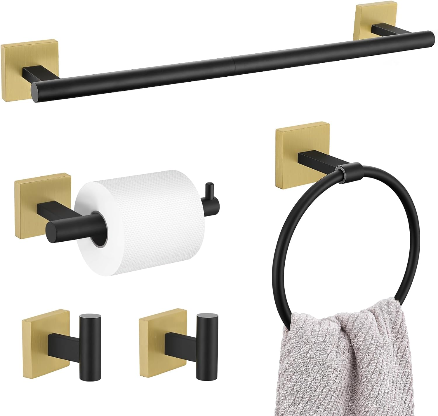 5 Pieces Bathroom Hardware Set, Black Gold Towel Bar Set Includes 23.6 Towel Bar, Towel Ring Holder, Toilet Paper Holder and Two Towel Hooks, Bathroom Accessories Set SUS304 Wall Mounted (Black Gold) Thumbnail