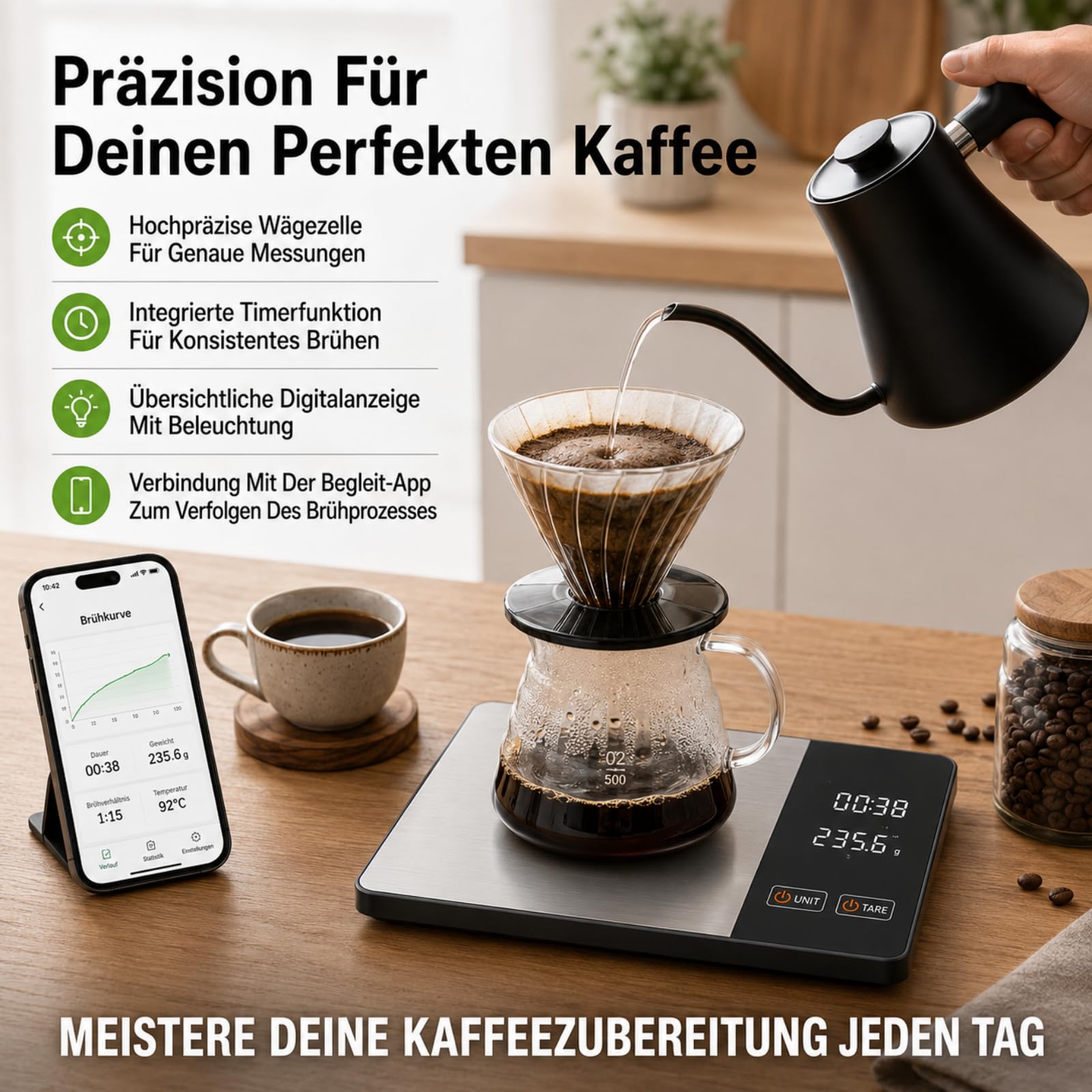 Smartvita Küchenwaage Kalorienwaage, Kompakte Küchenwaage mit Kalorienzähler Bluetooth App Für Küche Haushalt Diät