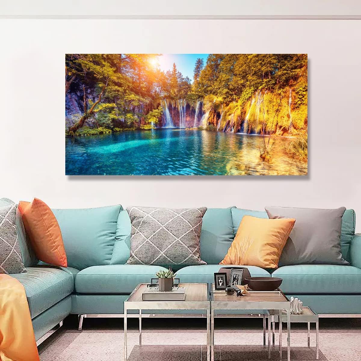 lianyibo Lake Waterfall Natural Picture Wall Art landscape Canvas Prints Painting for Living Room Bedroom Office Decoration (55 x 110 cm/Bez ramki)