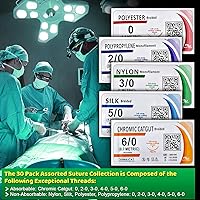 Vista 2 de Sutures Thread with Needle (30PK Mix Absorbable: Chromic; Non-Absorbable: Silk, Nylon, Polyester, Polypropylene: 0,2-0,3-0,4-0,5-0,6-0) - Surgical