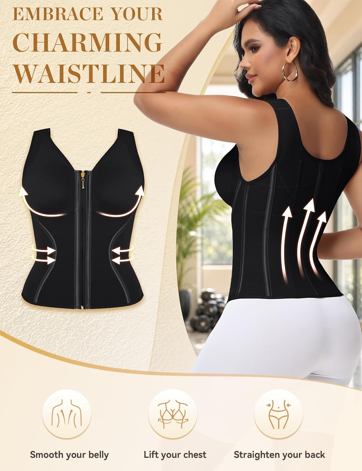 SHAPSHE Waist Trainer Corset for Women Tummy Control Workout Faja with Bra | 13 Steel bones suppot,zipper hooks double compression,80%Polyamida 20%Elastane,wide shoulder straps,for gym/daily/postpartum