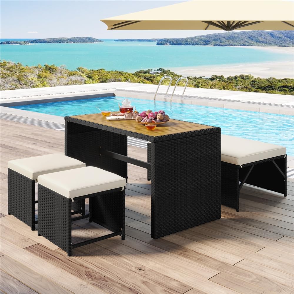 Yaheetech Conjunto de Muebles de Jardín de Ratán Muebles de Ratán de 2 en 1 | 1 Banco y 1 Mesa y 2 Taburetes, Negro/Beige