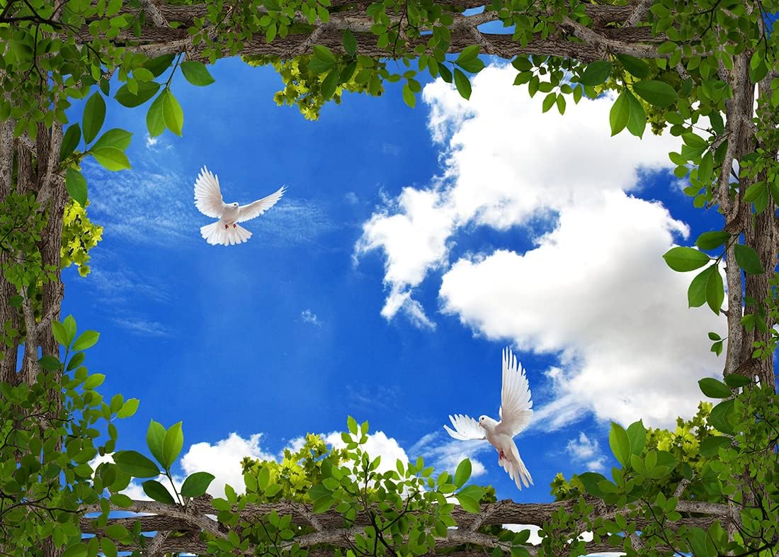 CORFOTO 12x10ft Fabric Blue Sky Tree Branches White Birds Pigeons Flying Backdrop Holy Spirit Peace Dove Jesus Christ Background for Church Decor Heavenly Birthday Banner Baptism Decor Banner Props
