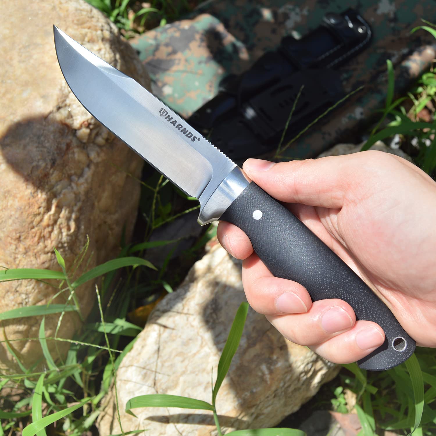 Harnds Defender D2-Stahl Full-Tang Feststehendes Messer Jagdmesser für Camping Outdoor Bushcraft Survival Feststehende Klinge Messer (G10 Griff + Kydex Scheid)