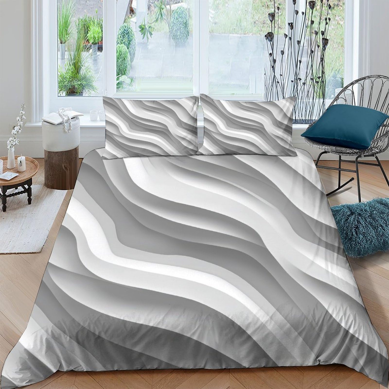 GPLZQXKJNH 3D Printed Abstract Wave Duvet Cover Set Microfiber Soft Grey Bedding with 2 Pillowcases for Bedroom Decor Single（135x200cm）