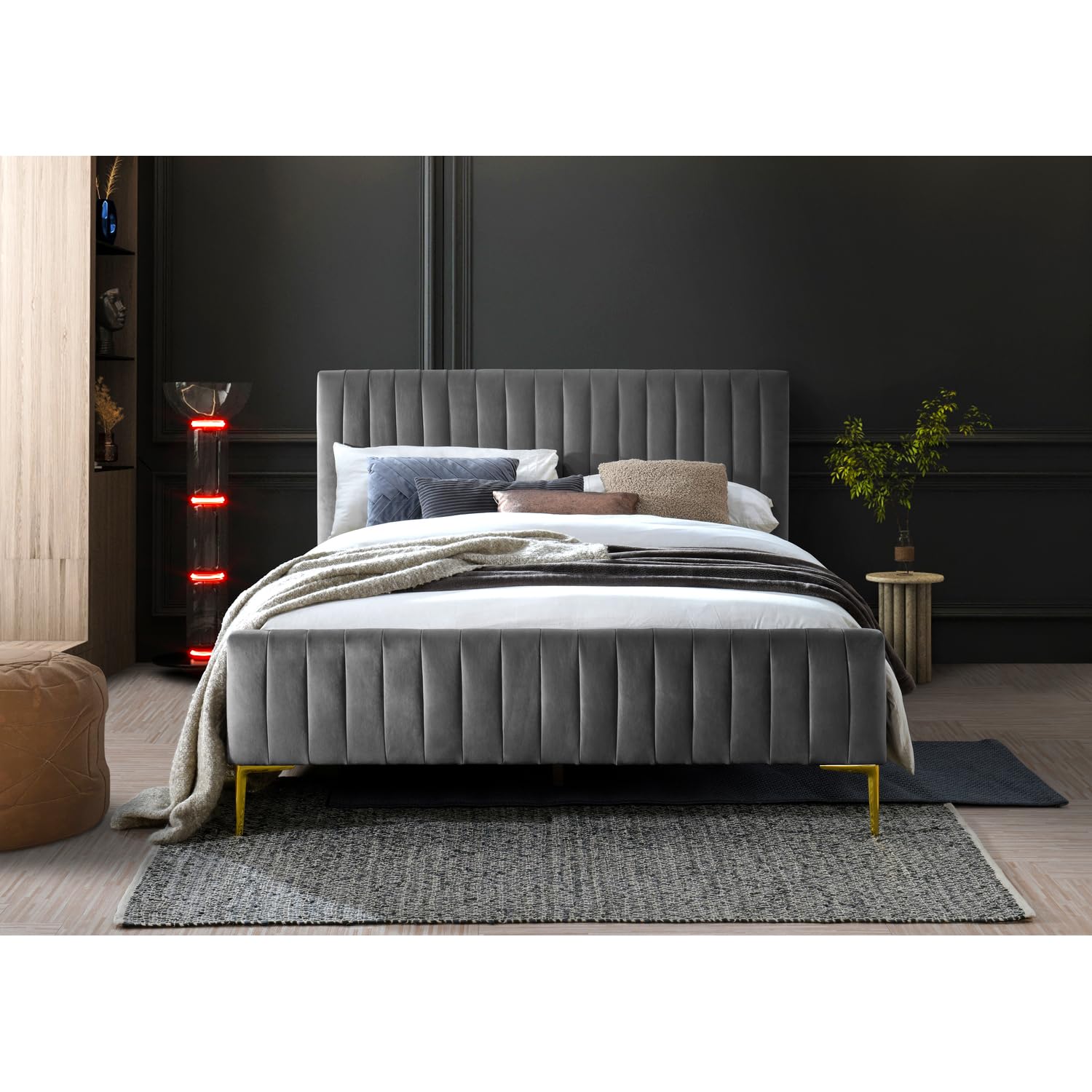 Omax Decor Julia Queen Upholstered Platform Bed in Charcoal Velvet
