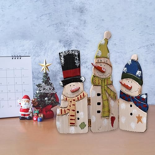 Miniatura 3 de E-view Decoraciones navideñas de madera con muñeco de nieve, decoración del hogar, plegable, triple muñeco de nieve, adornos decorativos rústicos