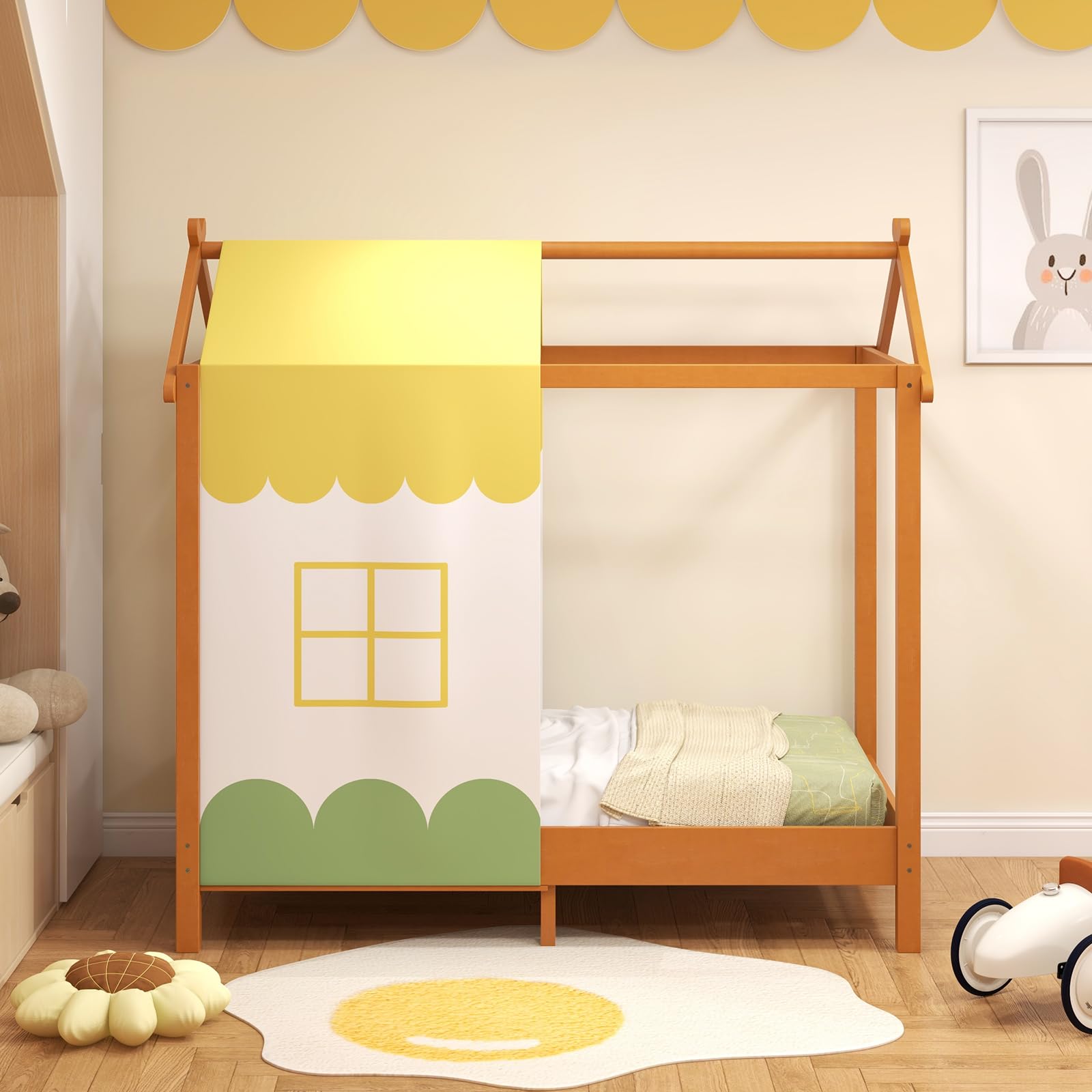 GOPLUS Lit Cabane Enfant 141x72CM, Lit à Baldaquin Enfants, Cadre de Lit Enfant Forme de Maison pour Bébés, Charge 100KG,pour Enfants 1-7 Ans