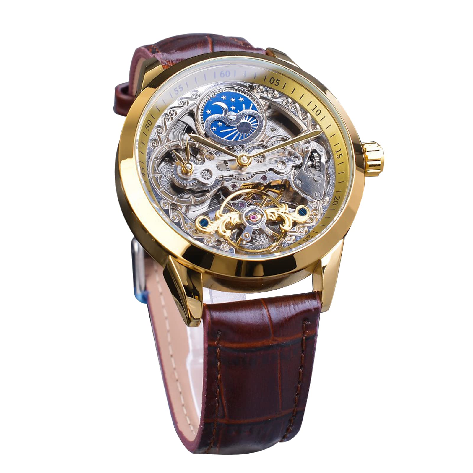FORSINING Herrenuhr Tourbillon Mondphase Automatische Herren Leder Armbanduhr Mode Business Skelett Luxus Handaufzug Uhren, gold, Gürtel