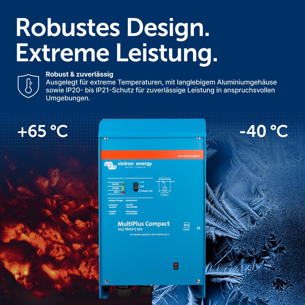 Victron Energy MultiPlus Compact 12/1600/70-16 Wechselrichter-Ladegerät – 1600VA Ausgang, 70A Batterieladung, 230V VE.Bus, Effizientes Design für Solar- und Mobilanwendungen
