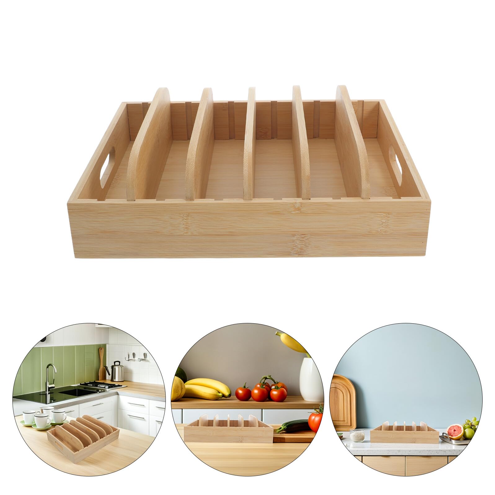 Organizer e 6 Scomparti in Bambù per Coperchi da Cucina con 5 Divisori Regolabili Contenitore per Alimenti con Maniglie Ergonomiche, per Profondi