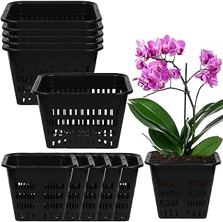 12 Pcs Black Orchid Pot Set - Breathable Slotted Plastic Plant Pots With Drainage Hole - Air Plant Flower Decorative Planter for Indoor Plants (7.1 Inches, 5.5 Inches)