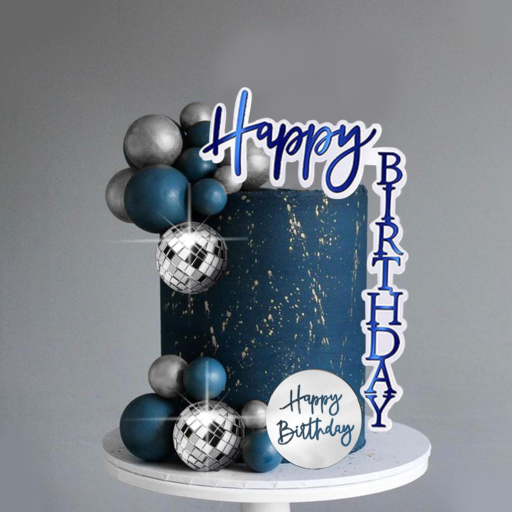 Decoración para tarta de hombre, bola de discoteca azul y plateada, decoración bohemia para tartas, decoración para tartas azul marino, bohemio, boda, hombre, niño, fiesta de cumpleaños, baby shower