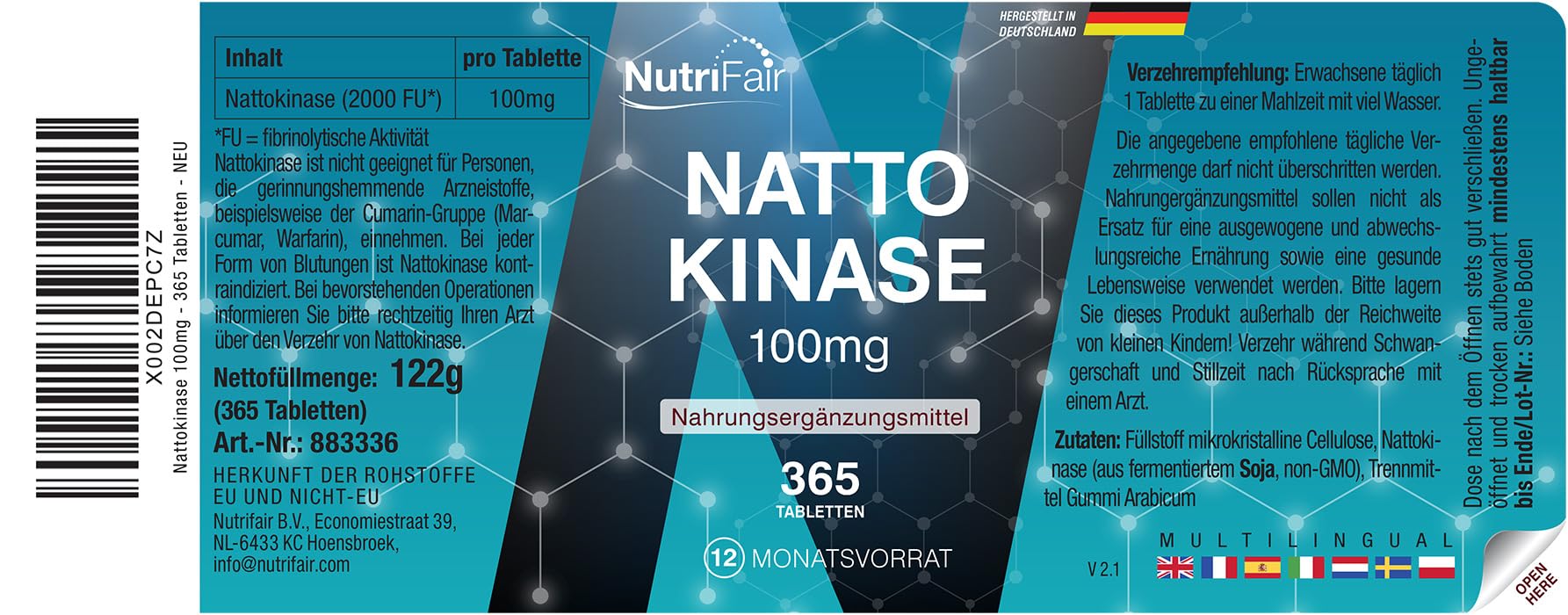 Nattokinase 100mg (20.000 FU/g) - 365 comprimidos - Enzima natto - Alta dosis - 100% vegano - Producción y control de laboratorio en Alemania - NutriFair | Premium & Fair