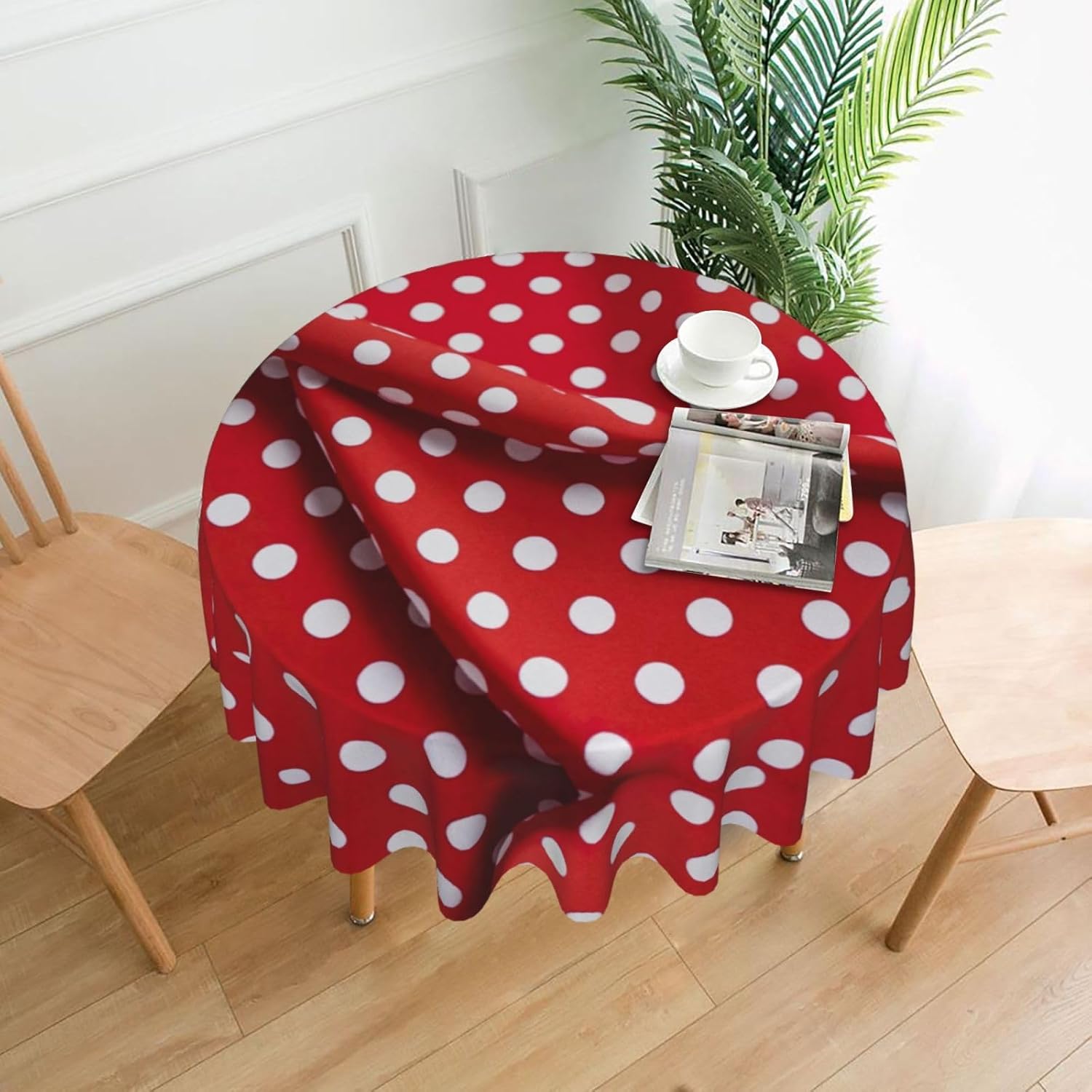 red White Polka dot Print Wrinkle Free Dining Table Cover for Birthday Party Farmhouse Tablecloths Up to 60 x 60 Inches