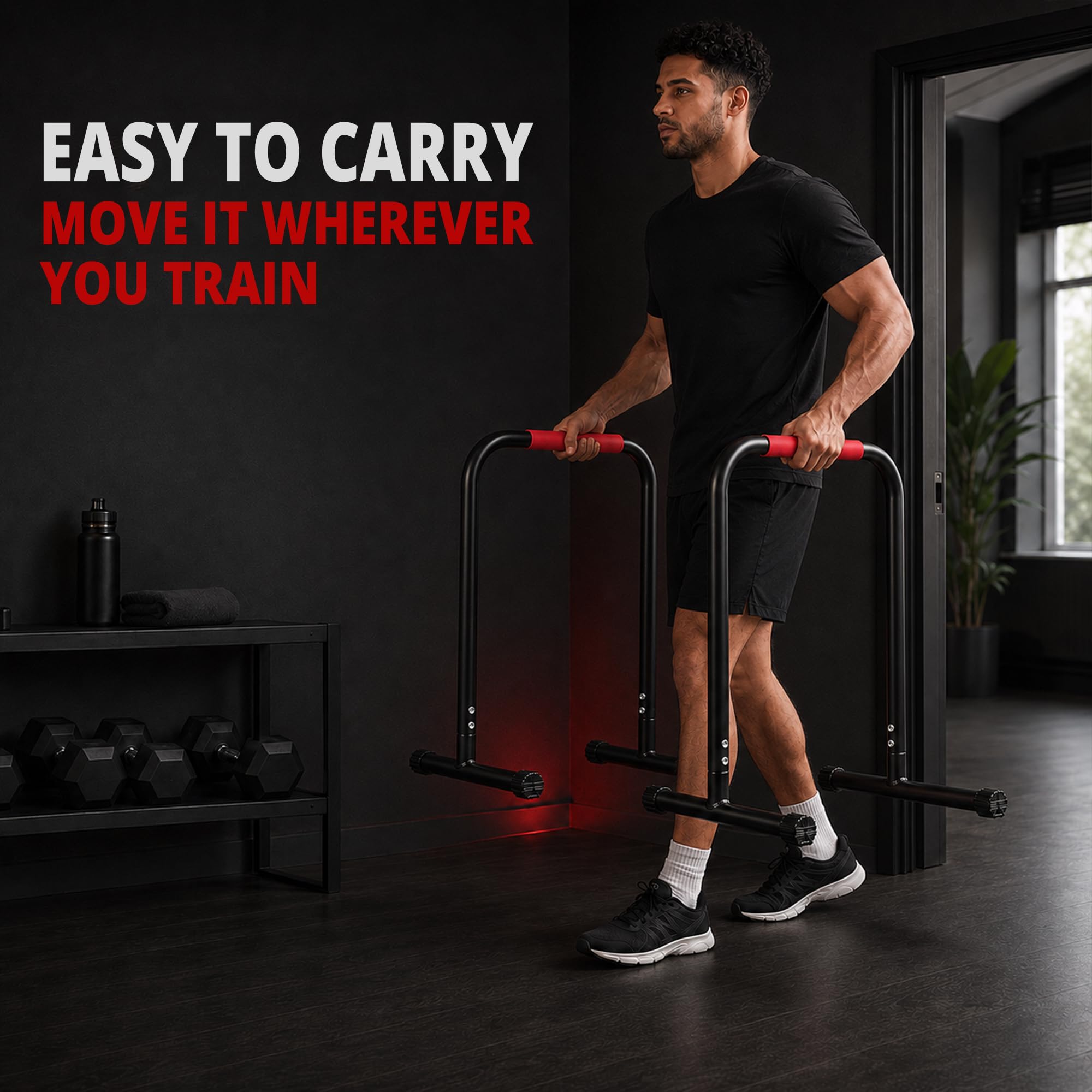 Max Strength Pro Dips Bar do dipów, podciągów nóg, Push Up i innych, wytrzymały materiał żelazny z szerokim wyściełanym uchwytem wysokość 70 cm, szerokość 60 cm, stopa 42 cm waga użytkownika do 120 kg sprawdzona bezpieczeństwo