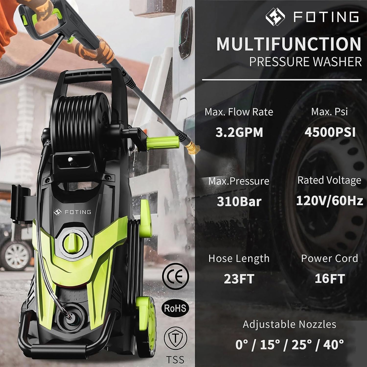 FOTING Pressure Power Washer, Inlet Hose & Filter,with 4 Quick Connect Nozzles, Foam Cannon for Cars/Fences/Driveways/Patios/Home Cleaning,Green