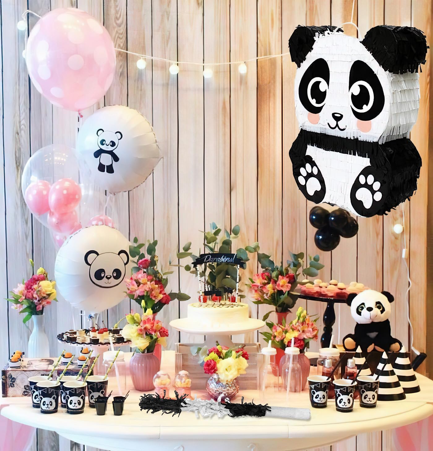 Panda Piñatas for Birthday Party Hand Made Animal Piñata Party Supplies Piñata Bundle with Blindfold and Bat (17