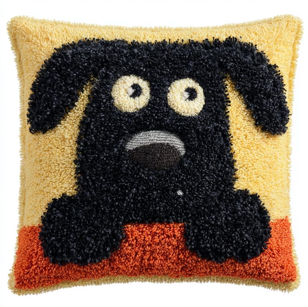 kitphoenix Latch Hook Kits Make Your Own Cushion,Black Dog 17X17Inch Pre-Printed Canvas Crochet Pillow Case Latch Hook Cushion Cover Hobby & Crafts
