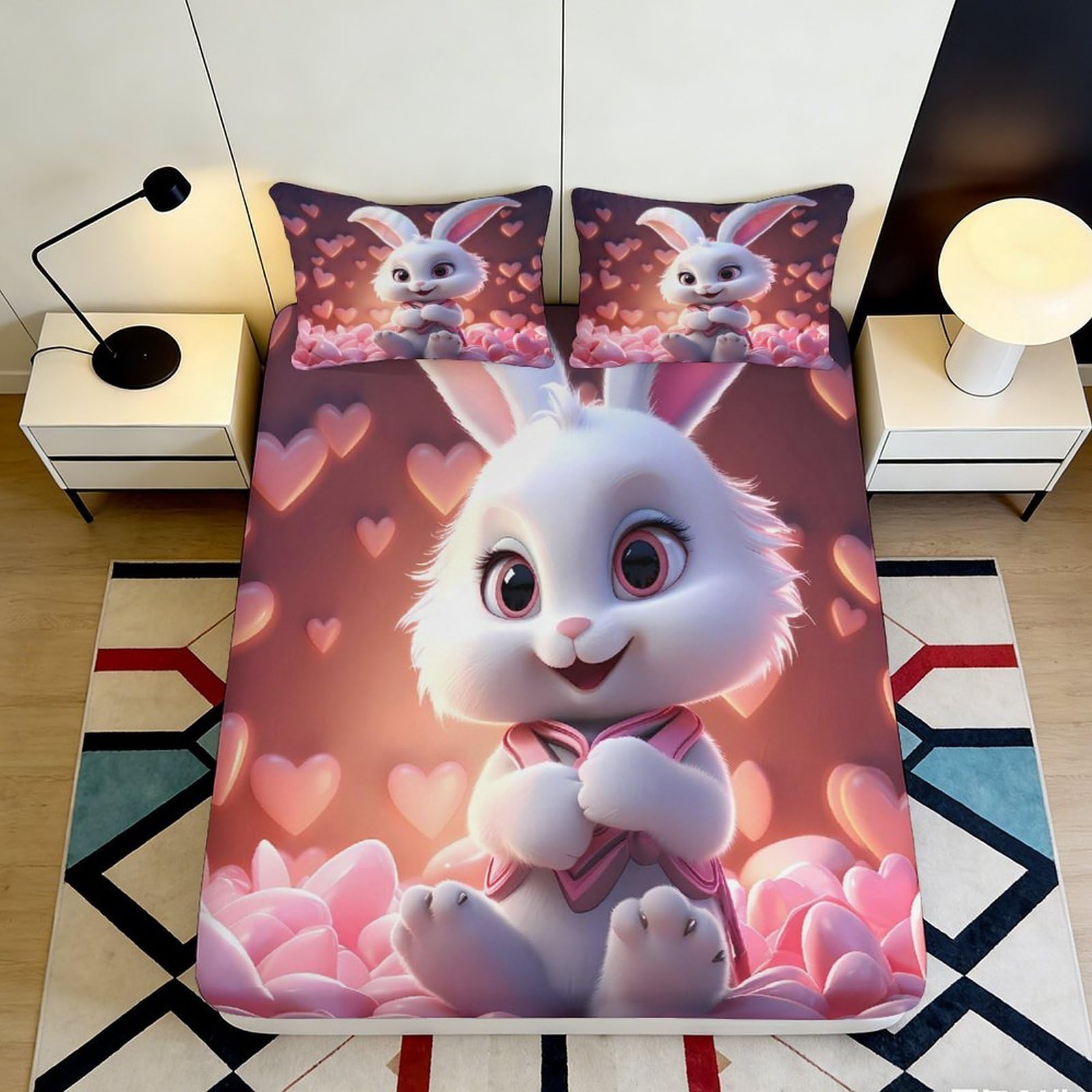 3D Printed Cute Bunny Fitted Sheet Microfiber Pink Hearts Mattress Cover Anti-Slip Bedroom Dorm Protector Decor 140x200x25cm