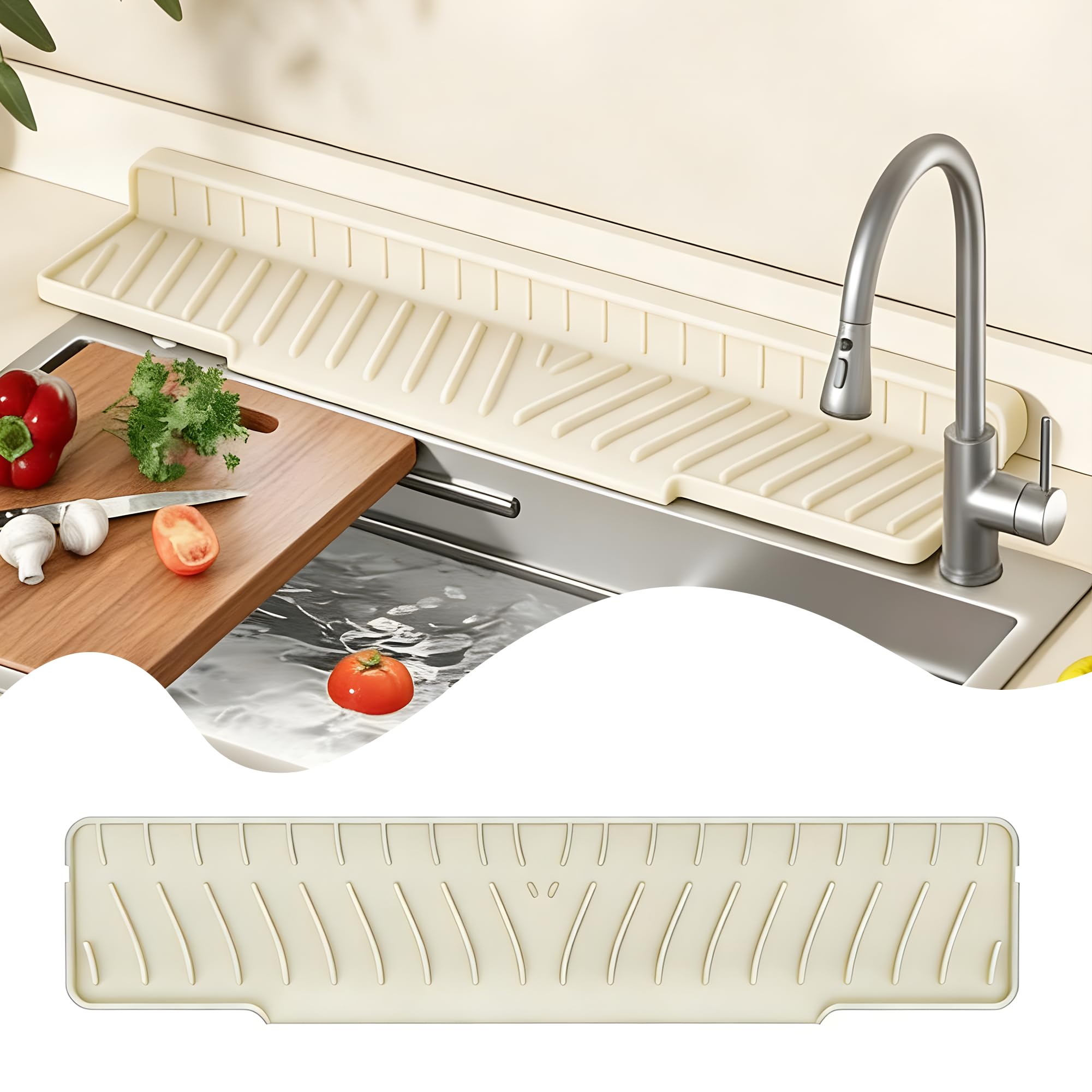 Linpr Silicone Faucet Splash Guard, Kitchen Sink Mat, Beige, 15.75" x 3.15"