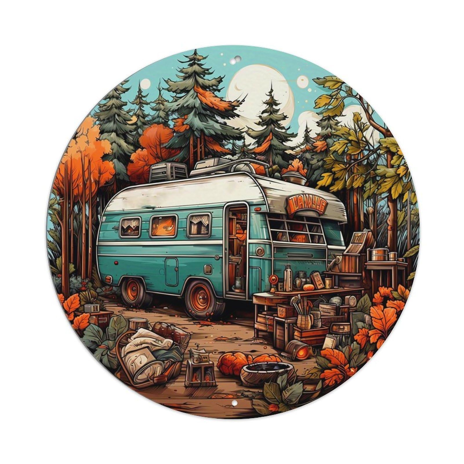 Vintage Camper Autumn Forest Scene Tin Sign Metal Poster Vintage Metal Signs for Home Man Cave Bar Cafe Kitchen laundry room Wall Decorations 8x8 inches