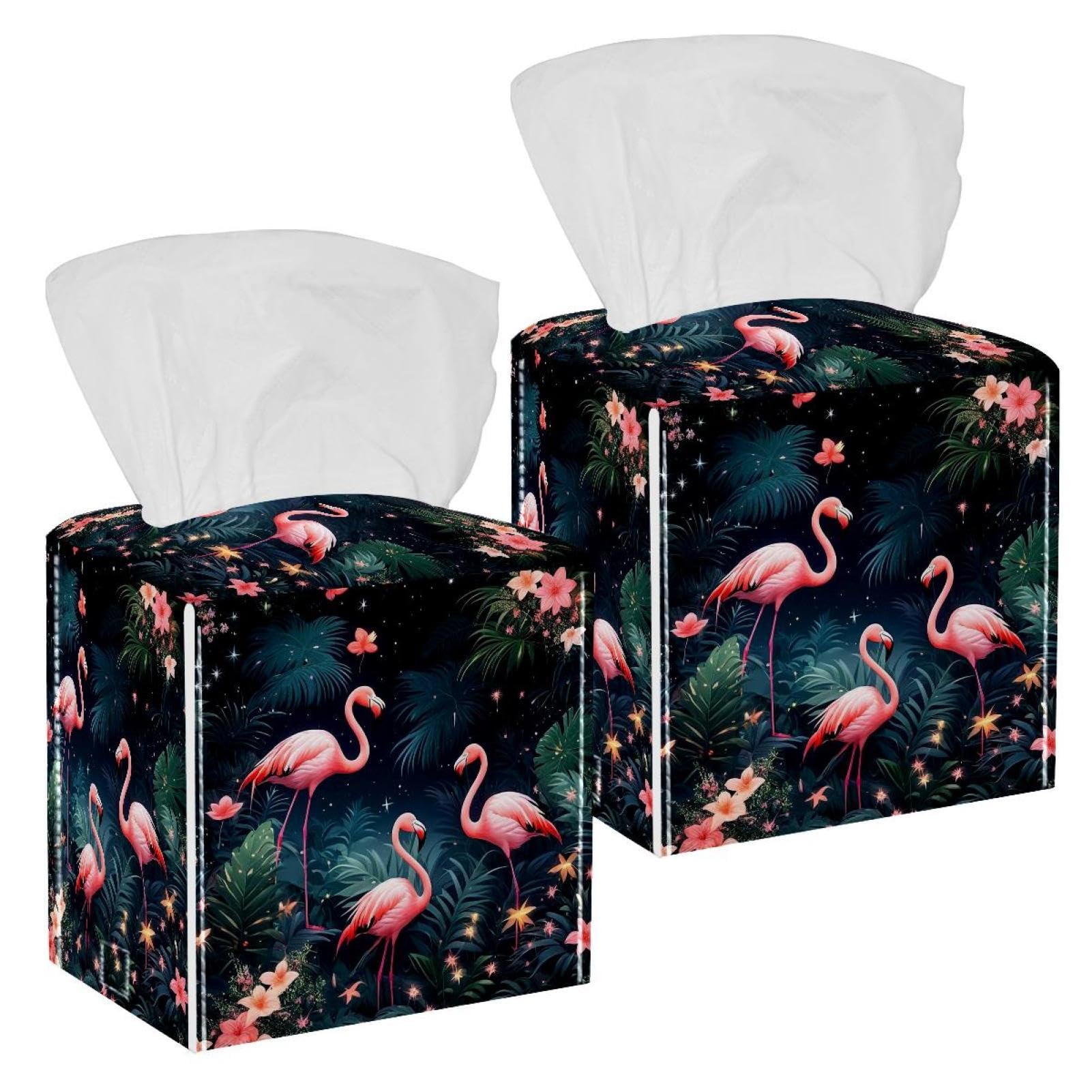 Flamingo Tissue Box Cover, 2 Pack PU Leather Square Facial Tissue Dispenser Box holder for Home Office Car