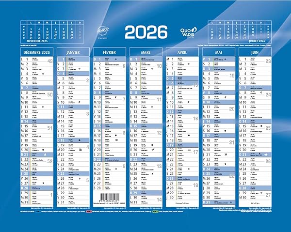 QUO VADIS 2026 Calendrier de Banque Bleu 27x21 cm