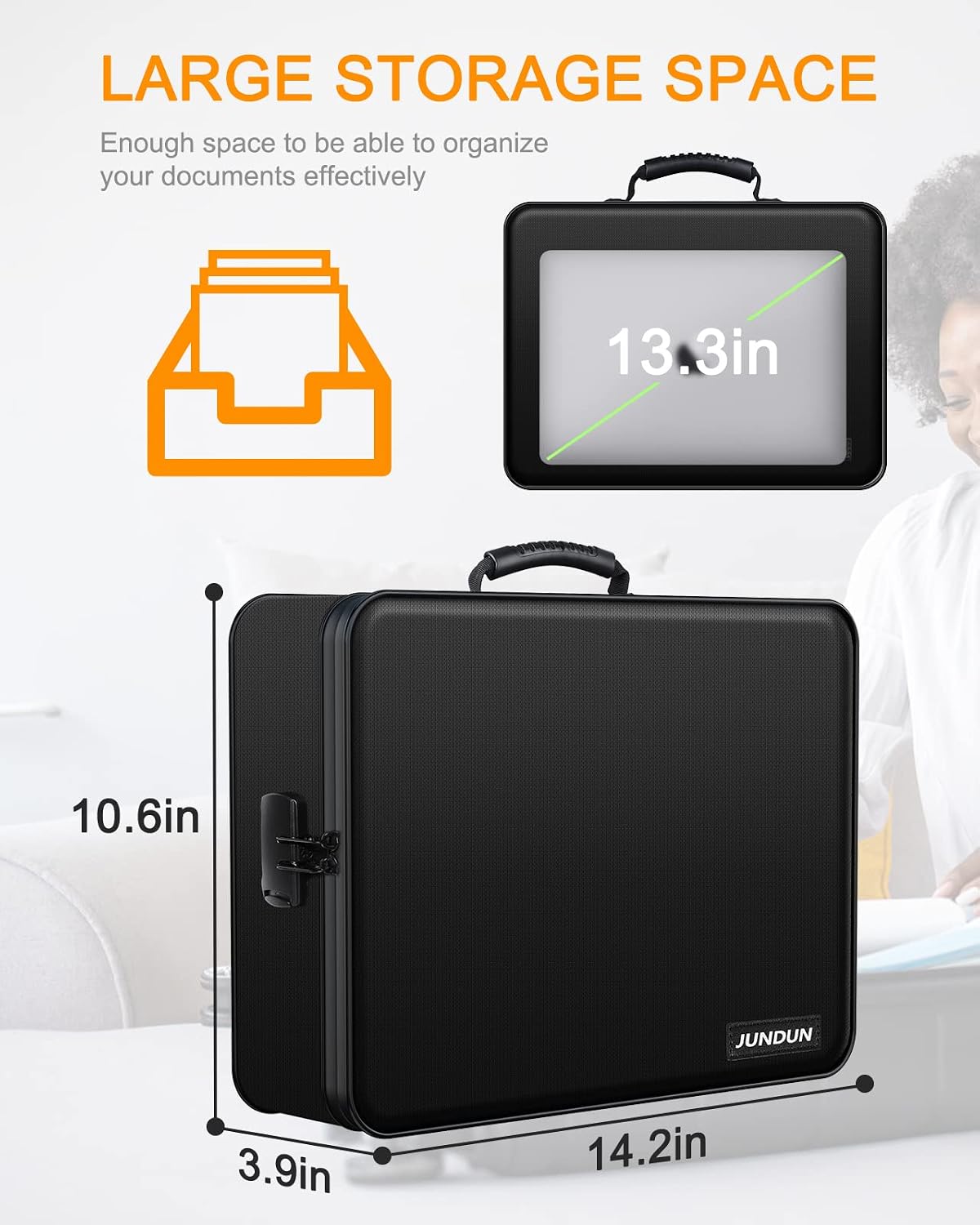 JUNDUN Document Organizer, Fireproof Document Box with Lock, Home Important Document Organizer with 7 Pockets File Folder,Portable Fire Safe Storage Box Holder for Documents and Passport,Black
